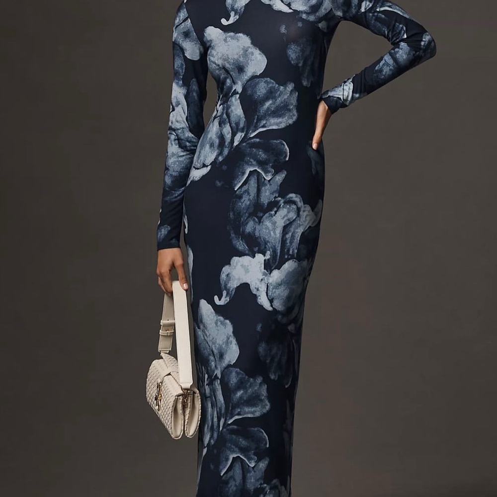 Reformation/ Anthropology long sleeve navy and blue dress